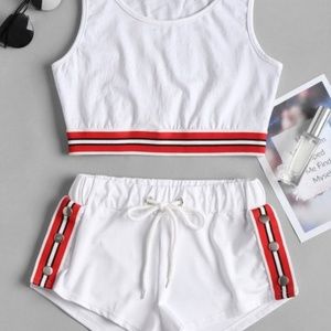 Striped Band Crop Top Shorts Two Piece Set - White